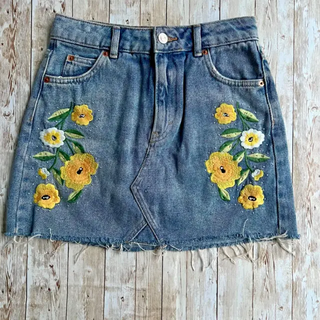 Topshop Skirt Womens Moto Denim Mini 6 Yellow Embroidered Floral Cut Out