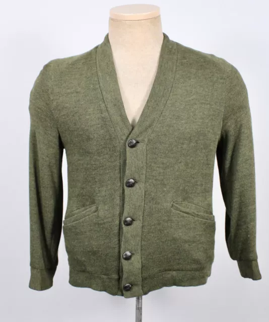 VTG 60s Dark Green Boy's Lined Cardigan Sz 14 1960s Cotton Rayon Blend Sweater