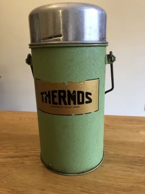 Large Vintage Thermos Food Flask Green Camping Glamping Picnic 1930s 1940s