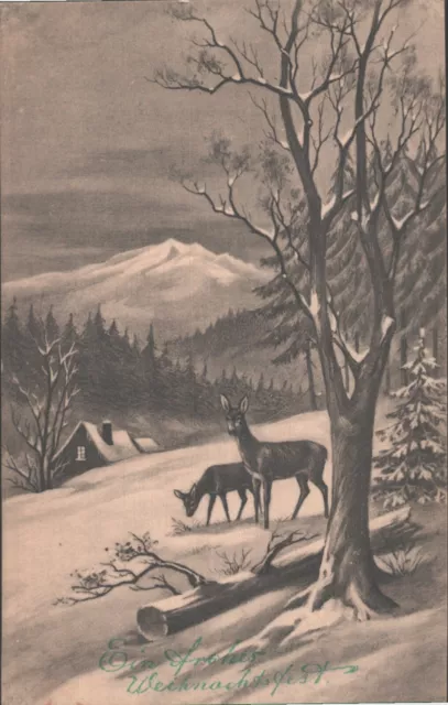 AK Weihnachten Glückwunsch, Künstler, Winterlandschaft Baum Reh,   Kleinformat