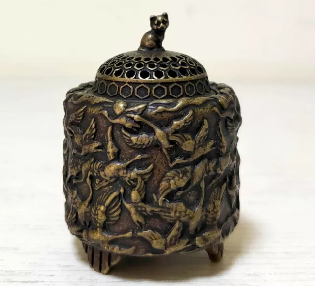 Archaic Bronze carved myriad crane censer mini Incense Burnerss