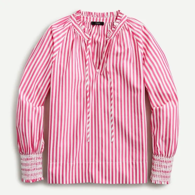 J. Crew Women’s Smocked-Cuff Popover Top  Pink White Stripe Long Sleeve Size S