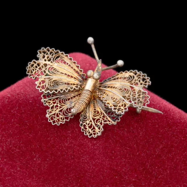 Antique Vintage Deco 925 Sterling Silver Gold Filigree Butterfly Pin Brooch 3.9g