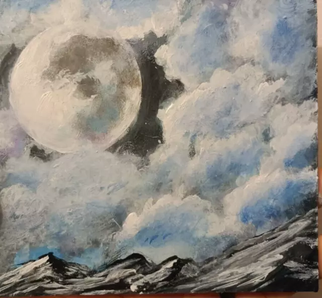 Original full moon clouds painting, hand painted on wood card board