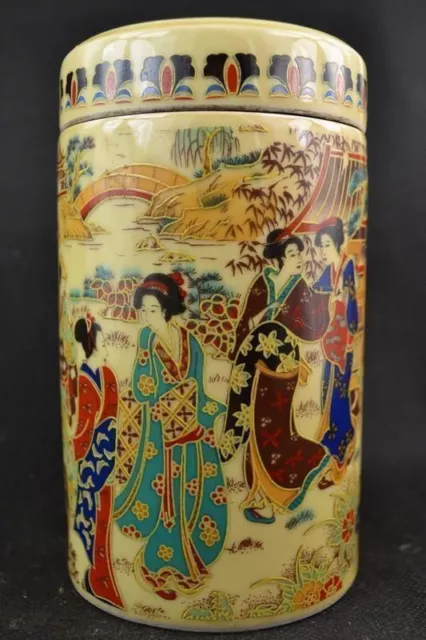 Rare Old Collectible Handmade Porcelain Drawing Japan Dowager Big Pot Tea Caddie