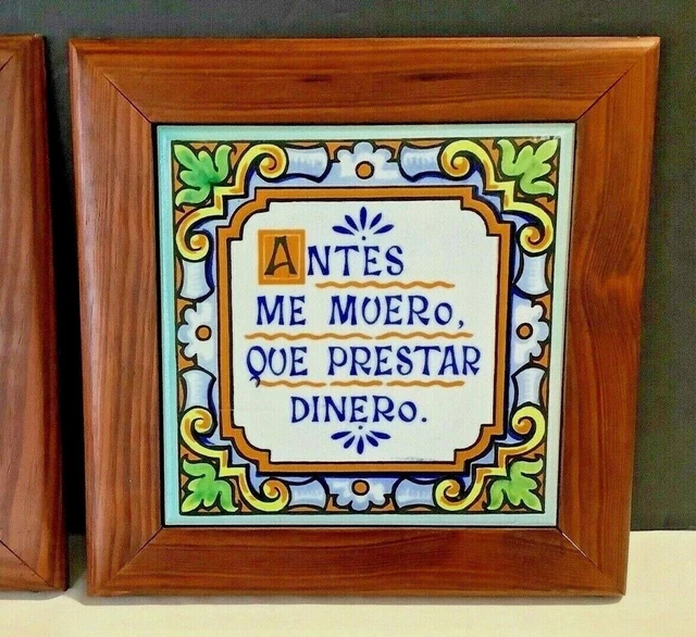 Set 4 VTG Spain Ceramic Talavera Hand-Painted SPANISH QUOTES 6"x 6" Decor Tiles 3