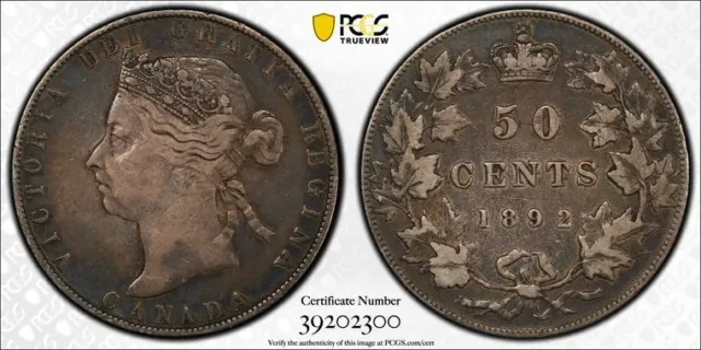1892 PCGS VF35 - CANADA - Toned Silver 50 Cent 50c Coin #43218A