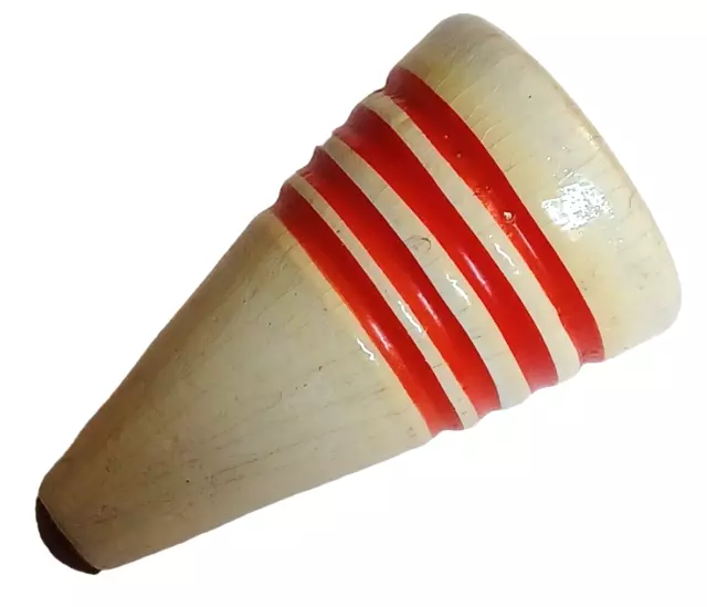Vintage Wood Spinning Top White Cone 4 Red Stripes Metal Tip