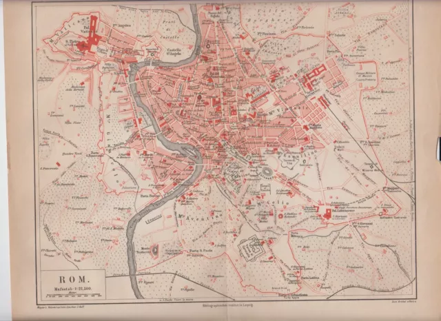 1890 ITALY ITALIA ROME ROMA City Plan  Antique Map