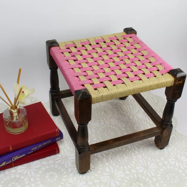 Low Vintage Stool with Pink & Cream Weaving. 30cm High. Ideal Small Space Decor.