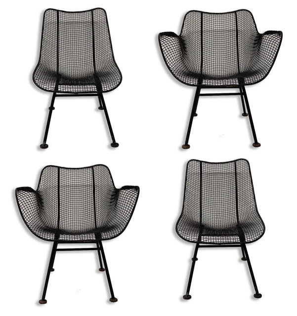 Mid Century Modern Set of 4 Woodard Scuptura Black Wrought Iron Patio Chairs