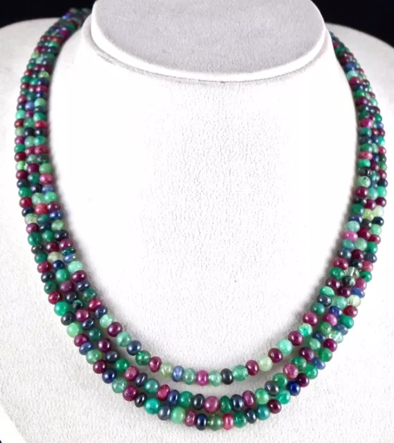 Natural Emerald Ruby Blue Sapphire Beads Round 3 Line 303 Cts Gemstone Necklace