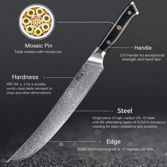 TURWHO 10.5inch Slicing Knife Japan VG10 Damascus Steel Chef Kitchen Meat Knife 3