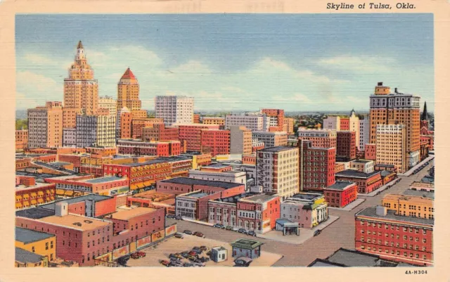 Tulsa OK Oklahoma Skyline Downtown Main Street 1930s Linen Vtg Postcard X2