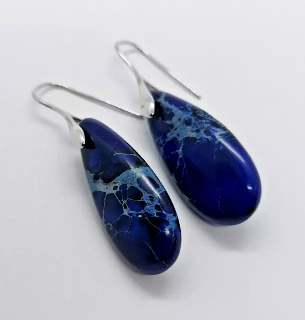 Pair of Sterling Silver Natural Jasper stone  Drop Earrings, Blue & Light Blue 2