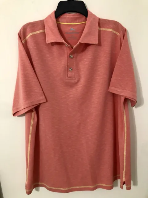 Tommy Bahama Mens XL Polo Golf Shirt Salmon Pink & Yellow Tropical Short Sleeve