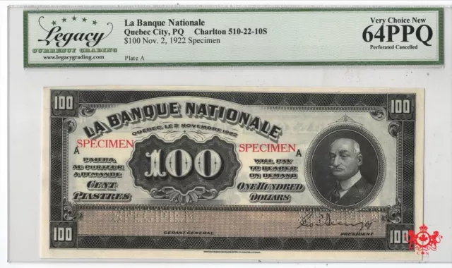 1922 La Banque Nationale $100 Specimen - Legacy UNC64 - 510-22-10S