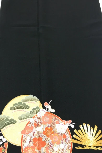 @@Japanese vintage kimono/ tomesode black silk fabric/ plum blossom, bamboo A61 7