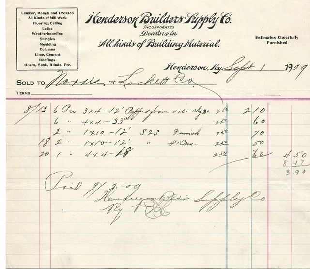 Henderson Builders Supply Co Henderson KY 1909 Billhead Building Material