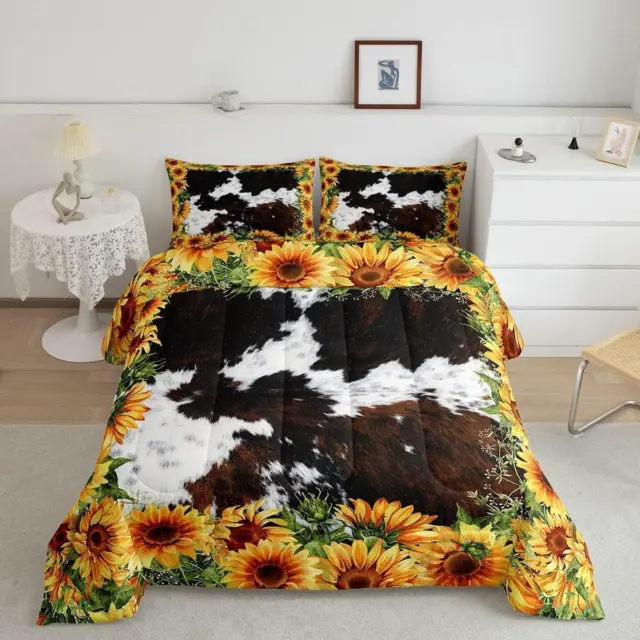 Brown Cowhide Comforter Set Queen Size,Kids Sunflower Bedding Set 3Pcs for Women