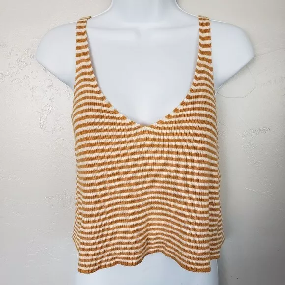 Forever 21 Medium Golden Yellow White Stripe Crop Tank Top Plunge V-neck Crochet