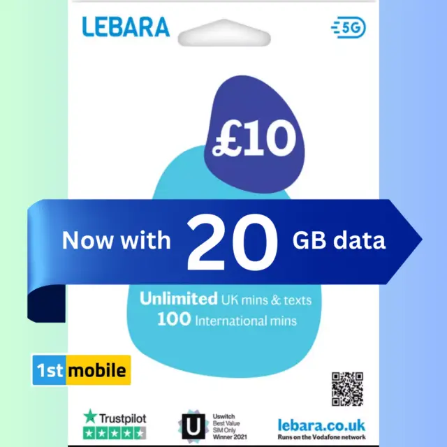 LEBARA UK sims 20GB Data UNLIMITED Mins/Txts FREE International mins, £10 top up