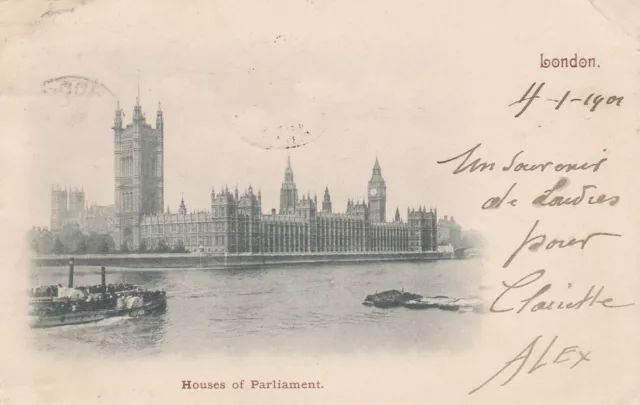 LONDON , HOUSES OF PARLIAMENT. Queen Victoria Stamp 1901 - Vintage POSTCARD