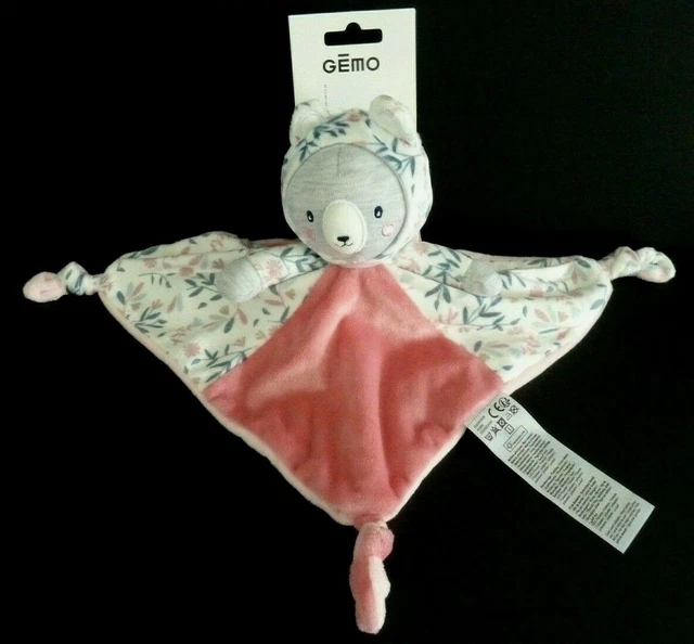 13. DOUDOU PLAT GEMO OURS rose blanc bleu gris  fleur capuche carré - 100% NEUF