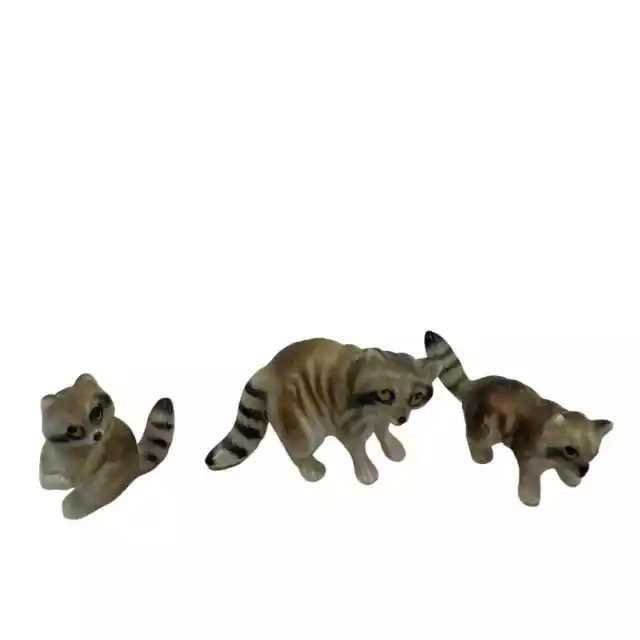 Set of 3 Vtg Miniature Raccoon Family Figurines Handpainted Bone China Porcelain