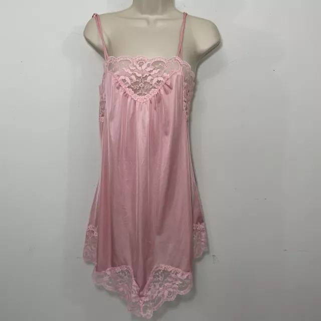 Vintage70's 80’s Bubble Gum Pink Slip Dress  Lace Trim Size S Boudoir Usa Nylon