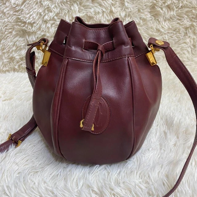 Must De Cartier Drawstring Logo Shoulder Bag Leather Bordeaux Red Women'S