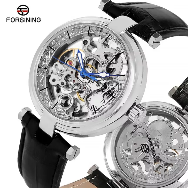 FORSINING Men's Automatic Watch Mechanical Skeleton Leather Strap Wristwatches