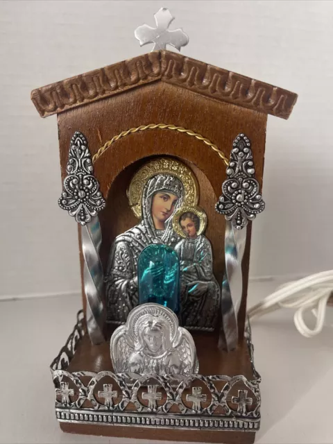 Greek Orthodox Icon Nightlight Madonna Child Silver plated Repousse Electric