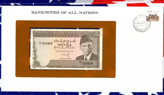 Banknotes of All Nations Pakistan 1984 5 Rupee P-38a.1 UNC LOW# VD/I 010428