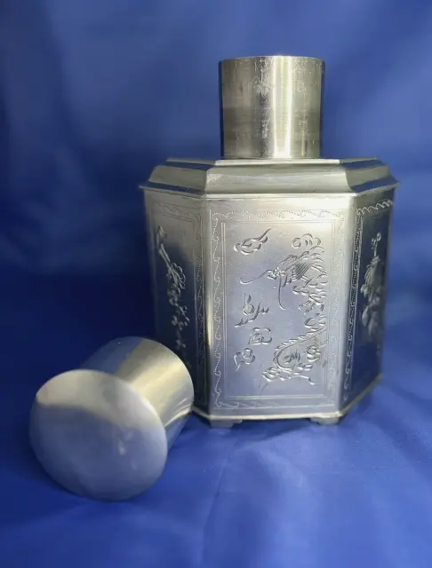 Tea Caddy Footed Pewter Etched Dragon Birds Flowers Antique Canister Container