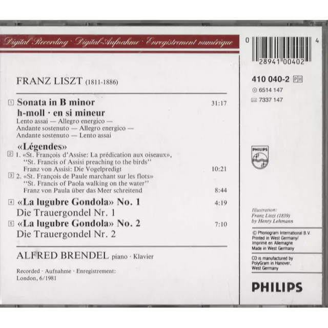 Liszt, Brendel  CD Sonata In B Minor, Trauergondel I & II, Légendes  / Nuovo 2