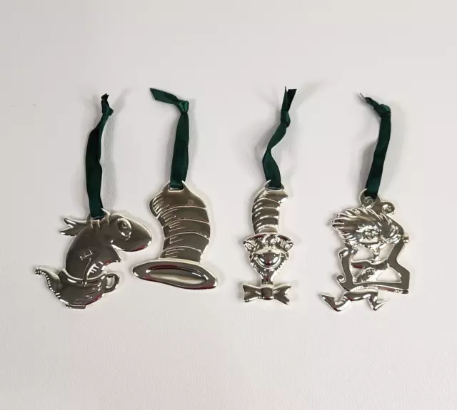 Vintage Dr Seuss Cat In The Hat Silver Plate Christmas Ornament Lot of 4