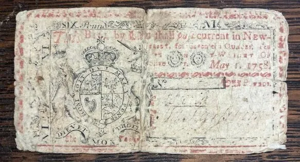 1758 New Jersey £6 Six Pounds Colonial Currency.