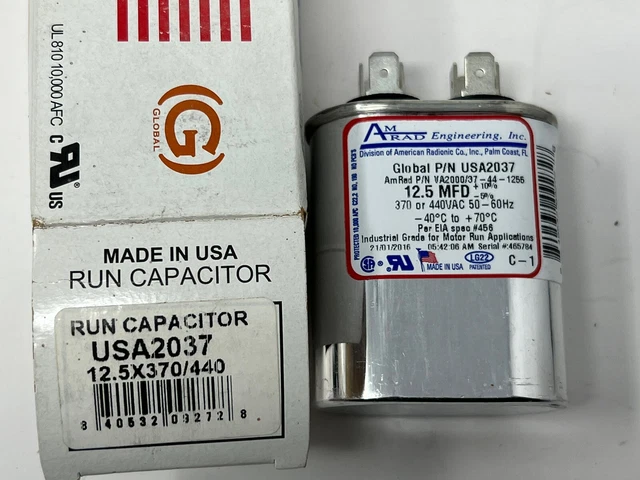 12.5 MFD x 370 / 440 VAC Oval Run Capacitor AmRad USA2037 - Made in the USA