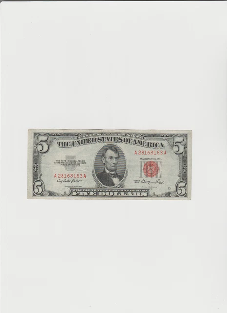 1953 Five Dollar RED Seal Note United States Note Old US Bill $5 Average Circ