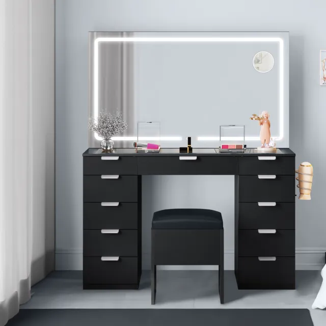 Large Vanity Desk Set with LED Lighted Mirror 11 Drawers for Bedroom & stool