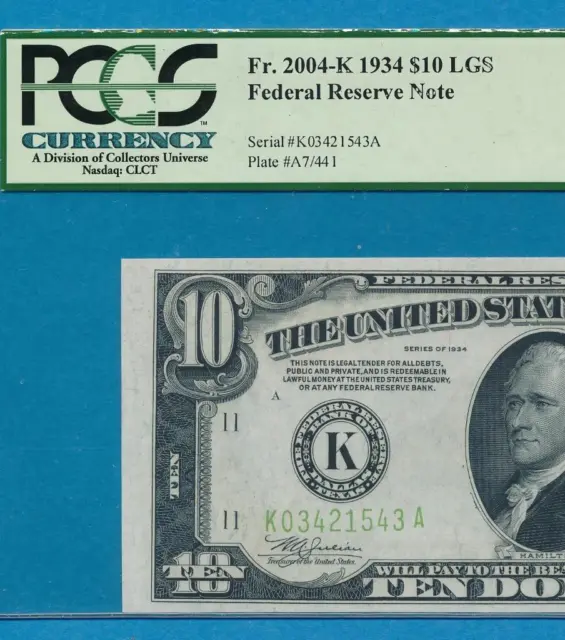 $10.1934 Dallas District Lime Green Seal Federal Reserve Note Pcgs Choice 63Ppq
