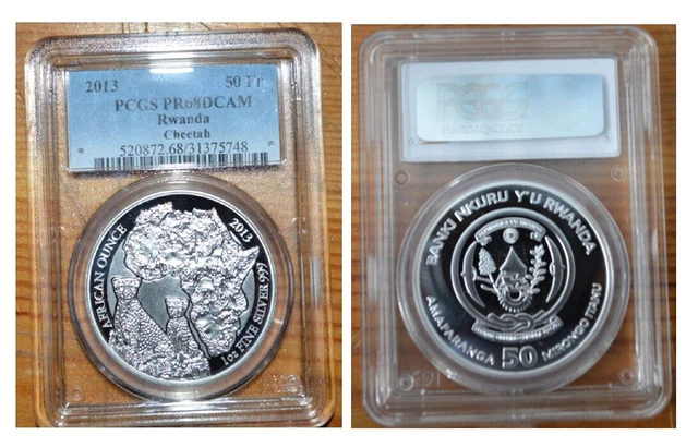 RWANDA 50F - 2013 - African Ounce -CHEETAH-1 OZ SILVER 99.9% - PROOF. PCGS PR 68