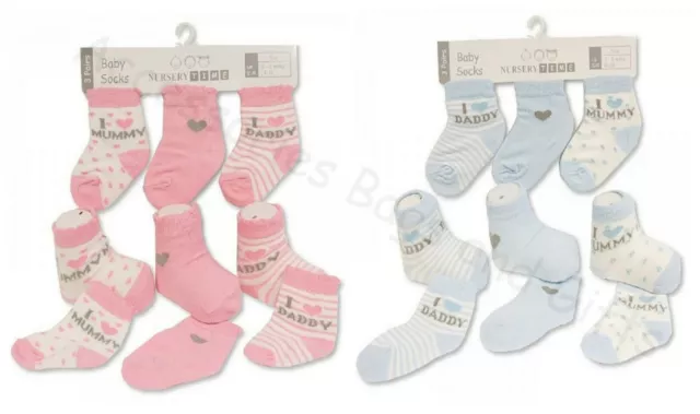 3 Pairs Baby Socks  ~  I Love Mummy / Daddy  ~ 0-12 Months Nursery Time