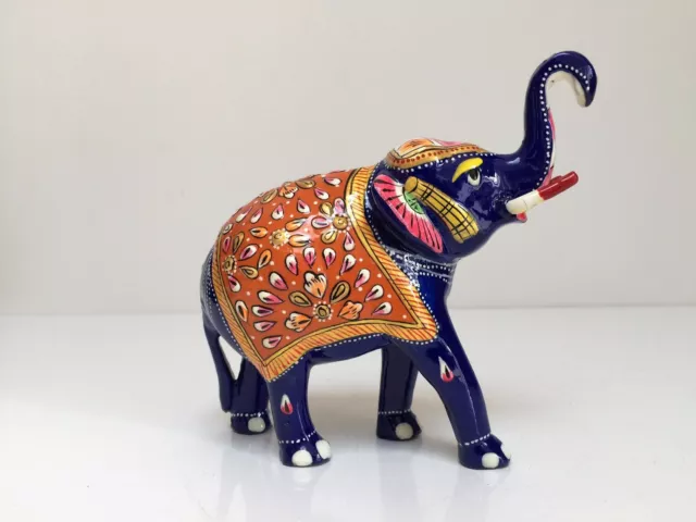 Hand Painted Indian Blue Meenakari Enamel Metal Elephant Statue Figurine 3