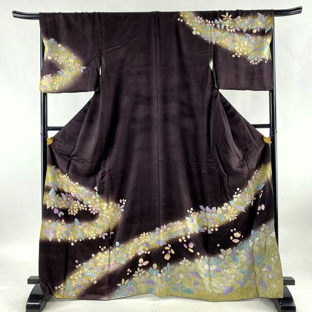 Japanese kimono  "HOUMONGI", Plants, Gold leaf, Shibori Dye, Plants,L5' 6"..3313