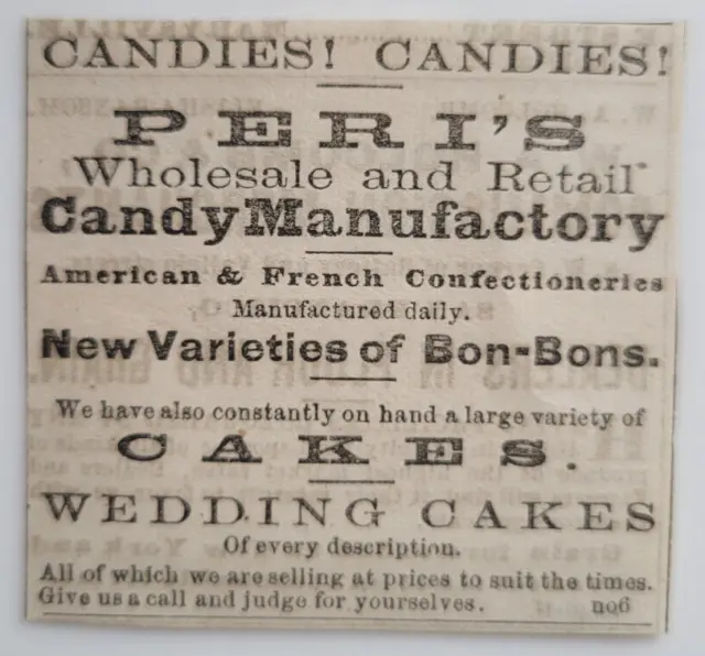 1869 Peri's Candy Store Factory Bakery Ad Original CA Newspaper Clipping ~2.5x2"
