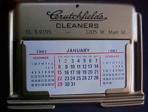 Metal Advertising Calendar Richmond VA 1961 CRUTCHFIELD CLEANERS 1205 W. Main St