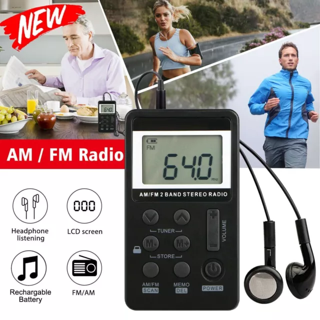 Mini Radio Pocket Receiver Portable FM/AM 2 Band Digital LCD Stereo Earphone Set