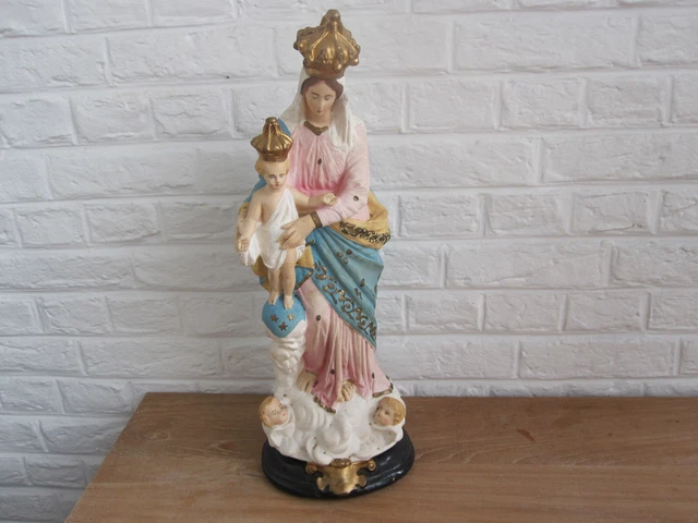 Antiques French Plaster Religious Statue     Our Lady With Child Jesus